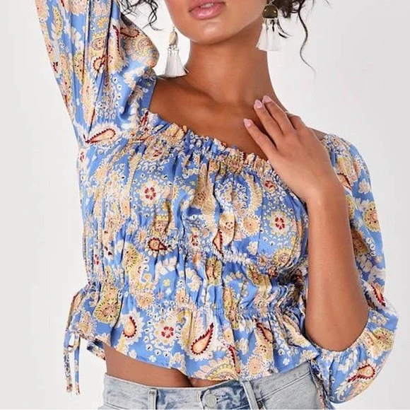 Lulus Blue Paisley + Floral Blouse - Picture 2 of 8